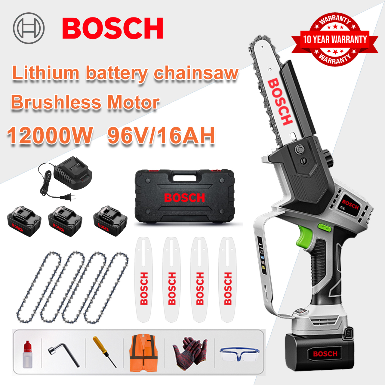 [Prodloužený model/10letá záruka] 10palcová 12000W lithiová elektrická pila, 96V baterie*3, nabíječka, vodicí deska*4, řetěz*4, skříňka na nářadí, tuk a brýle, výkonný motor na řezání kamene